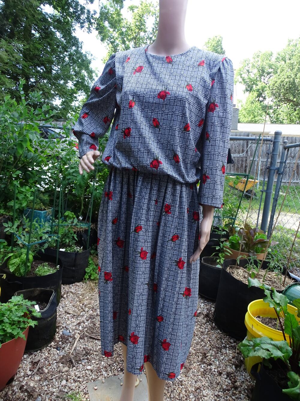 Vintage Dark Romance Midi Dress Black White Plaid Red Rose 80s 90s Dark Acadamia